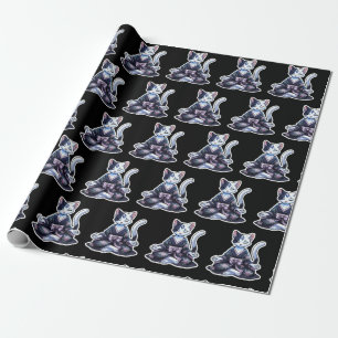 Mystical Meditating Cat in Floral Kimono Black Wrapping Paper