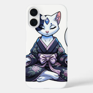 Mystical Meditating Cat in Floral Kimono iPhone 16 Case