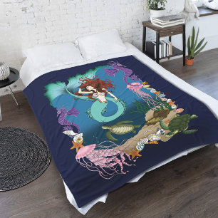 Mystical Mermaid Ocean Fantasy Blue Sea-Life Fleece Blanket