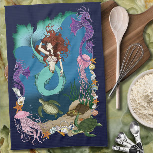 Mystical Mermaid Ocean Fantasy Blue Sea-Life Tea Towel