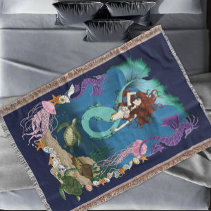 Mystical Mermaid Ocean Fantasy Blue Sea-Life Throw Blanket