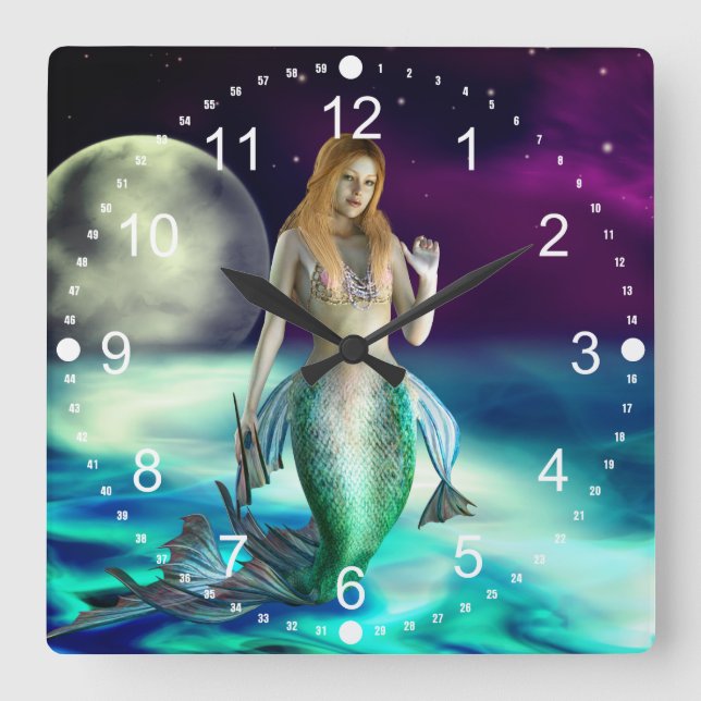 Mystical Mermaid Ocean Waves Moon Beach Fantasy Square Wall Clock (Front)