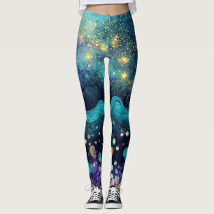 Mystical Mermaid Underwater Ocean Galaxy Gold Teal Leggings