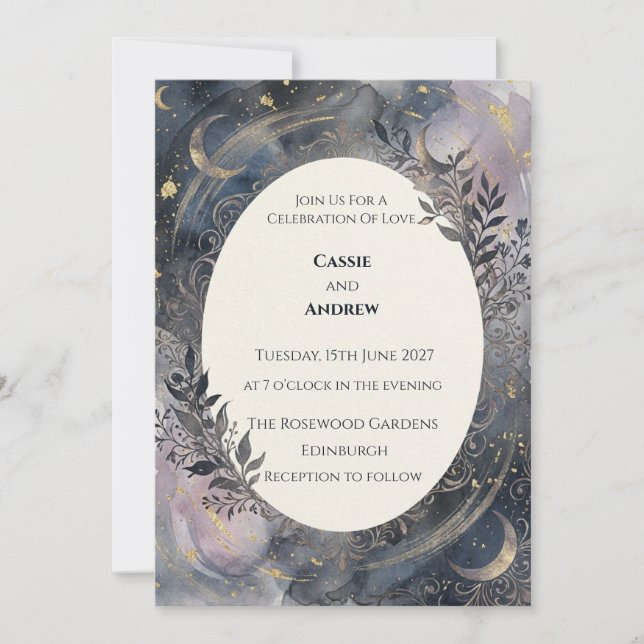 Mystical Moon Celestial Botanical Wedding Invitation (Front)