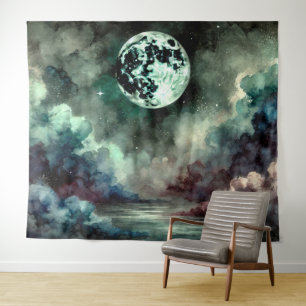Mystical Moon Cosmic Clouds in Dreamlike Night Sky Tapestry