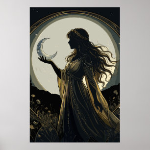 Mystical Moon Goddess, Celestial Woman Silhouette Poster