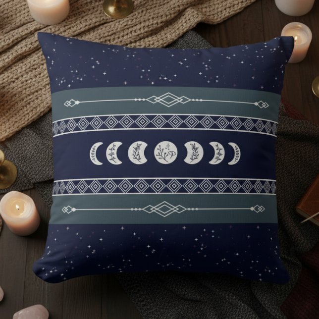 Mystical Moon Navy Blue Night Sky Cushion (Track the magic of the cosmos with this Deep Navy and Silver Lunar Phase Pillow)