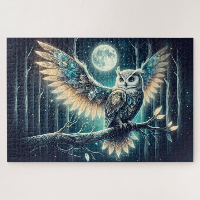 Mystical Moon Owl Celestial Forest Glow Jigsaw Puzzle (Horizontal)