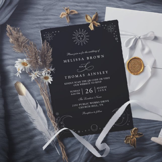 Mystical Moon Starry Night Boho QR Code Wedding Invitation (Creator Uploaded)