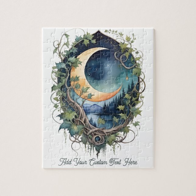 Mystical Moon & Vines Night Sky Custom Text Jigsaw Puzzle (Vertical)