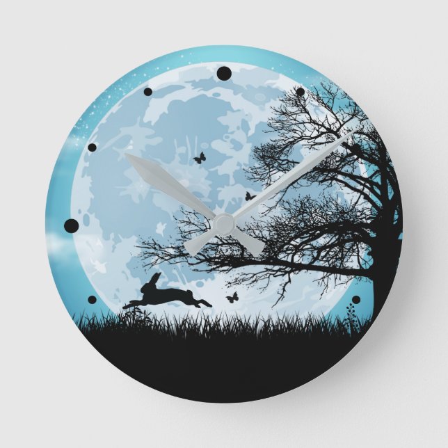 Mystical Moon with Rabbit Silhouette Round Clock (Front)
