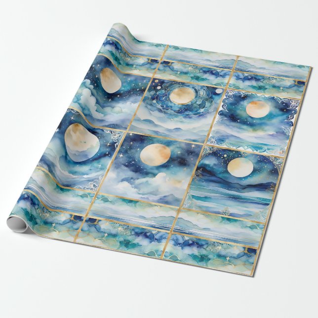 Mystical Moonlight Stars Ocean Blue Sea Decoupage Wrapping Paper (Unrolled)