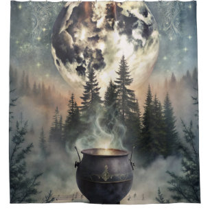 Mystical Moonlit Forest Cauldron -Witchy Magic Art Shower Curtain