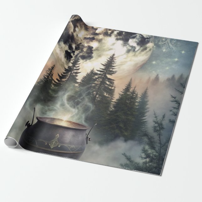 Mystical Moonlit Forest Cauldron -Witchy Magic Art Wrapping Paper (Unrolled)