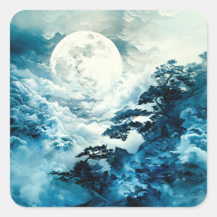 Mystical Moonlit Mountain Landscape Square Sticker