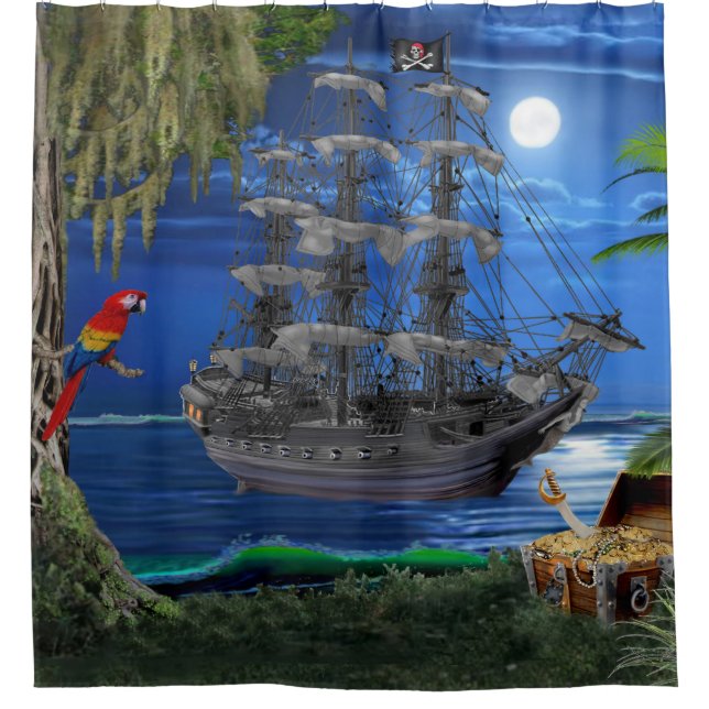 Mystical Moonlit Pirate Ship Shower Curtain (Front)