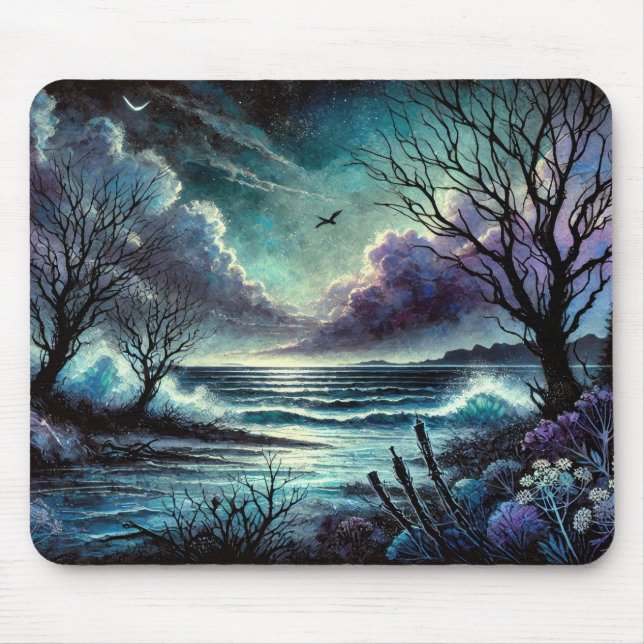 Mystical Moonlit Seascape with Waves and Trees Mouse Pad (Front)