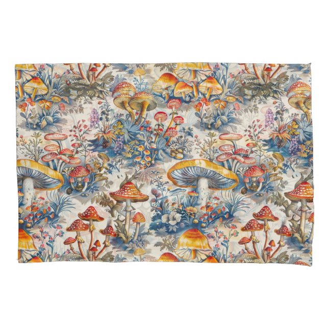 Mystical Mushrooms in Toile De Jouy Pillowcase (Front-Left)