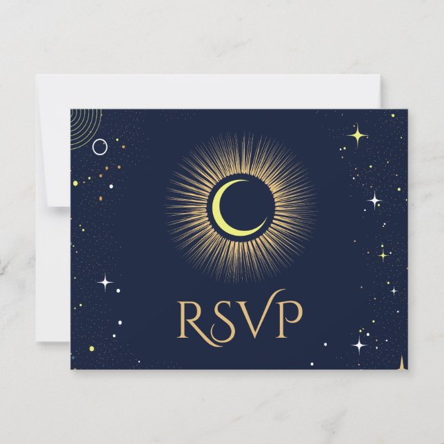 Mystical Navy Celestial Stars Moon Wedding RSVP (Front)