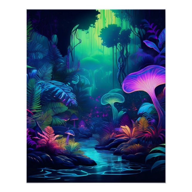 Mystical Neon Forest with Glowing Mushrooms Poster (Front)