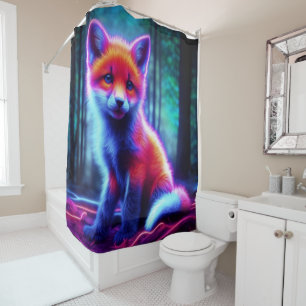 Mystical neon fox in glowing enchanted forest shower curtain