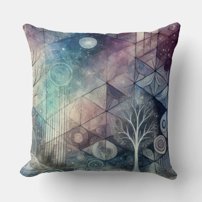 Mystical Night Sky Geometric Patterns & White Tree Cushion (Front)
