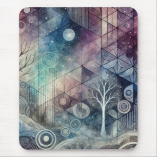 Mystical Night Sky Geometric Patterns & White Tree Mouse Pad