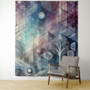 Mystical Night Sky Geometric Patterns & White Tree Tapestry