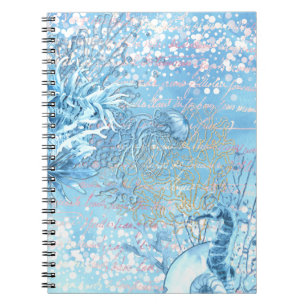 Mystical ocean dreams seahorse jellyfish teal blue notebook