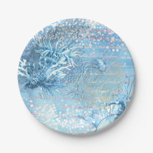 Mystical ocean dreams seahorse jellyfish teal blue paper plate