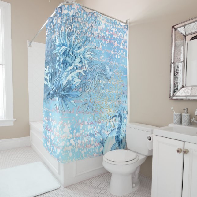Mystical ocean dreams seahorse jellyfish teal blue shower curtain (In Situ)