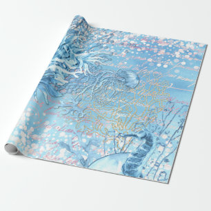 Mystical ocean dreams seahorse jellyfish teal blue wrapping paper