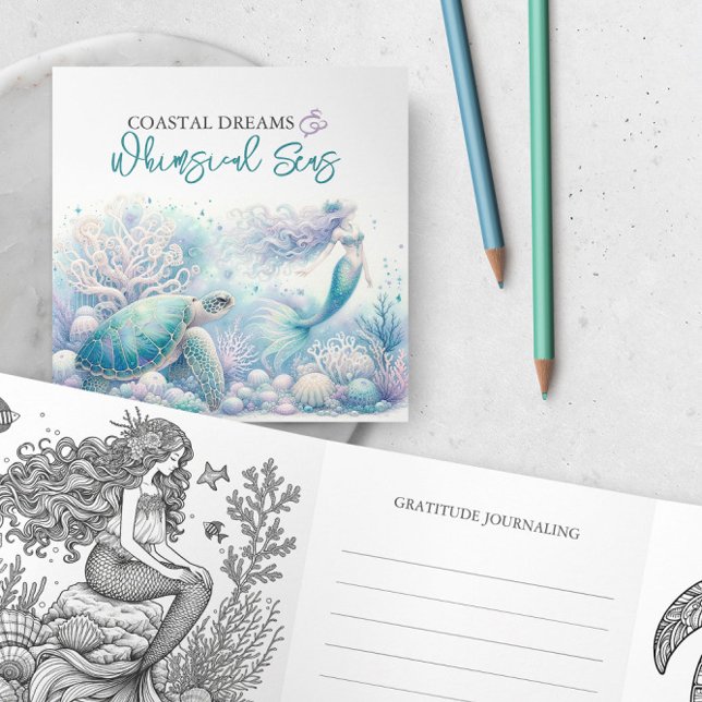 Mystical Ocean Get Well Colouring Card (Unique get well card opens to adult coloring pages and journaling mermaid and sea turtle theme)