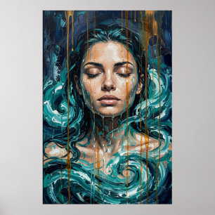 Mystical Ocean Goddess Impasto Gold Drip Art Poster