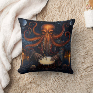 Mystical Octopus Playing Drum at Night Cushion