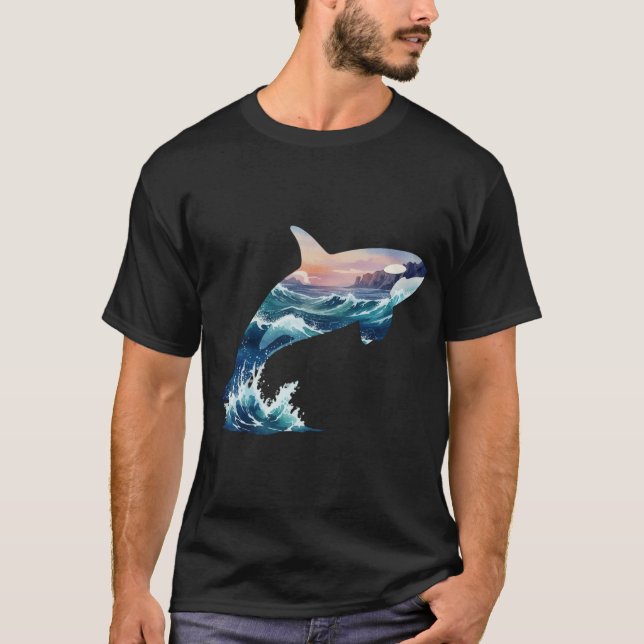 Mystical Orca Killer Whale Ocean Wave Double Expos T-Shirt (Front)