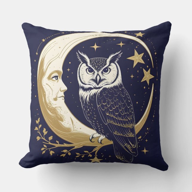 Mystical Owl Crescent Moon Celestial Throw Pillow (Front)