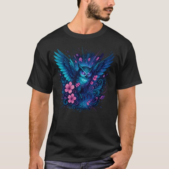 Mystical Owl Fantasy Neon Art T-Shirt (Front)