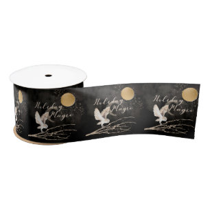 Mystical Owl Holiday Magic Sparkle Moon Satin Ribbon