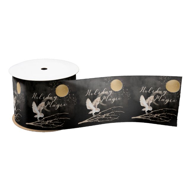 Mystical Owl Holiday Magic Sparkle Moon Satin Ribbon (Spool)