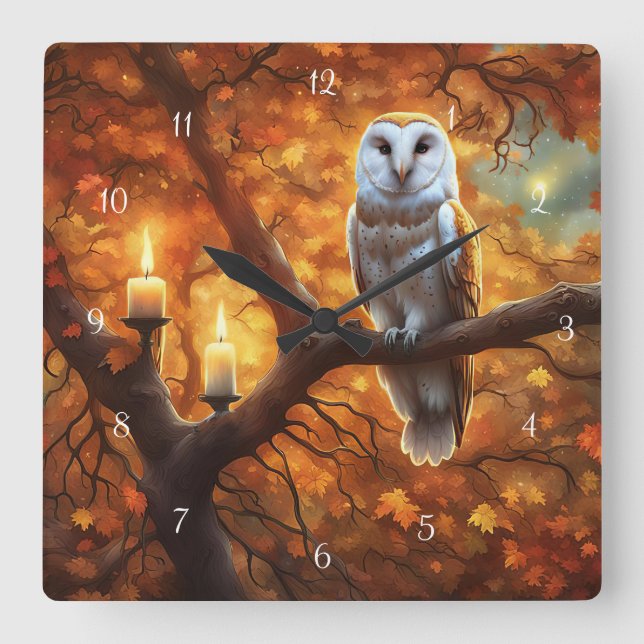 Mystical Owl with Candles Fall Foliage Square Wall Clock (Front)