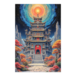 Mystical Pagoda Temple Under Celestial Sky Photo Print