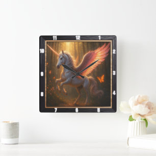Mystical Pegasus Woodland Fantasy  Square Wall Clock