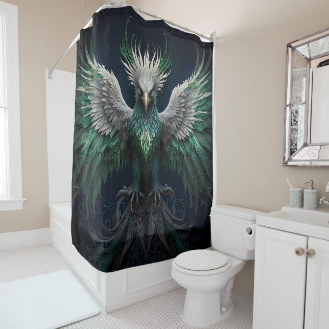 Mystical Phoenix Bird in Green and Blues Shower Curtain (In Situ)