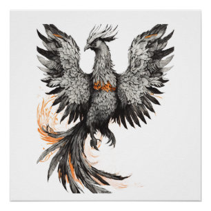 Mystical Phoenix Ink Drawing with Bright Orange Ac Poster