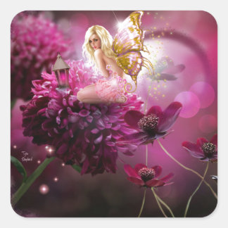 Mystical Pink Fantasy Fairy Flower Garden Art Square Sticker