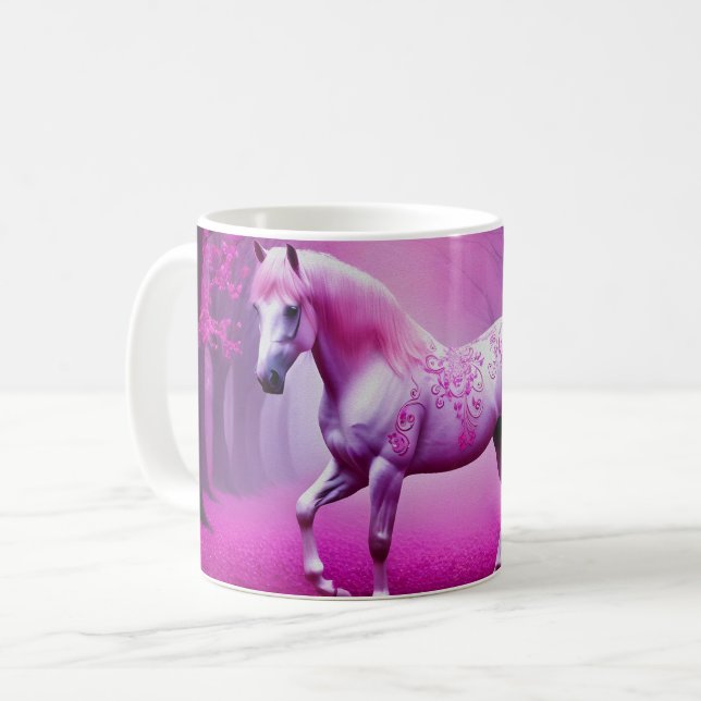 Mystical pink horse in a fantasy forest coffee mug (Front Left)
