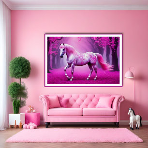 Mystical pink horse in a fantasy forest poster