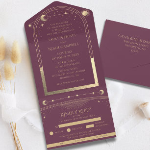 Mystical Plum Gold Sun Moon Astronomy Space All In One Invitation