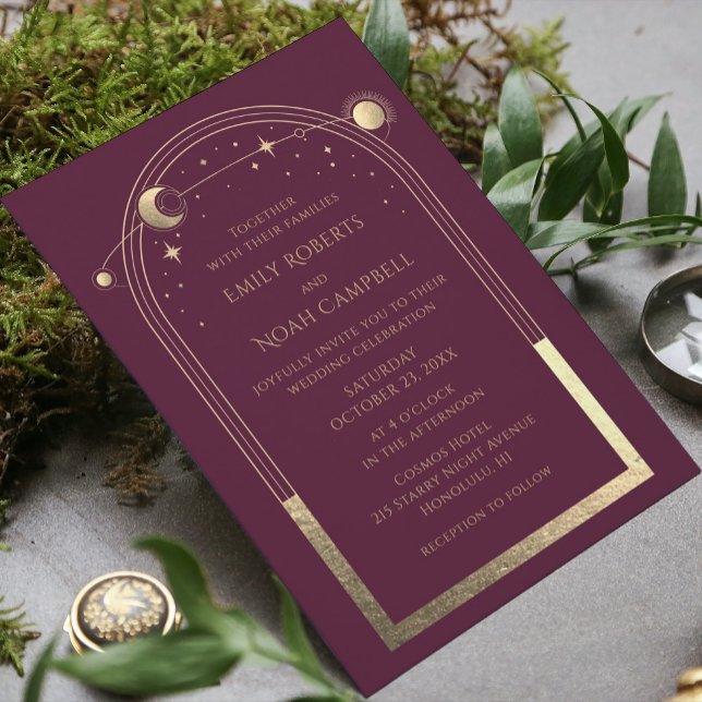 Mystical Plum Gold Sun Moon Astronomy Space Invitation (Creator Uploaded)